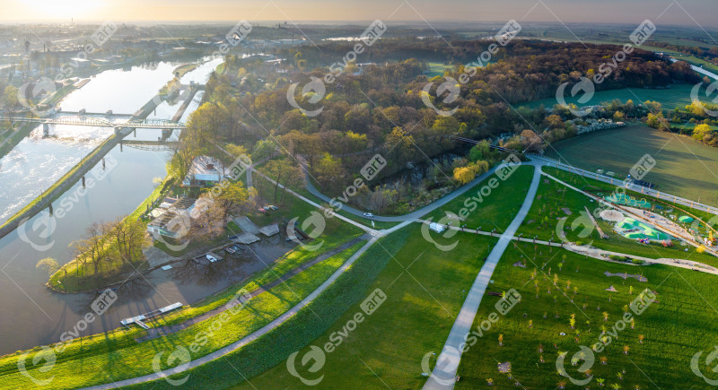 Aerial view of a bridge to Bolko Island in Opole, over River Oder in Poland