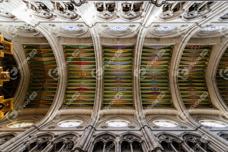 Almudena Cathedral, Santa Maria la Real de La Almudena. Directly below view of the vaults of the main nave