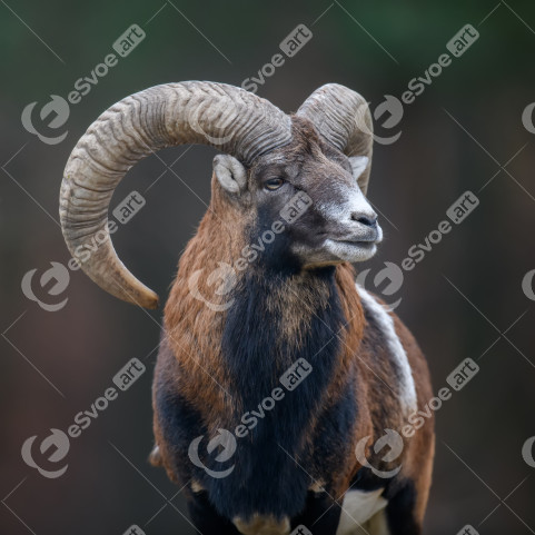 Big mouflon animal. Ovis gmelini, forest horned animal in nature