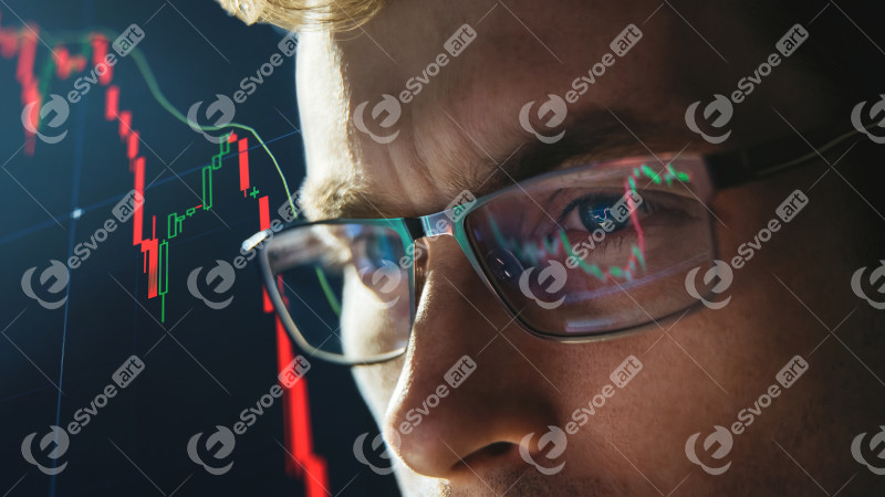 Close-up portrait of focused crypto trader analyst wearing eyeglasses