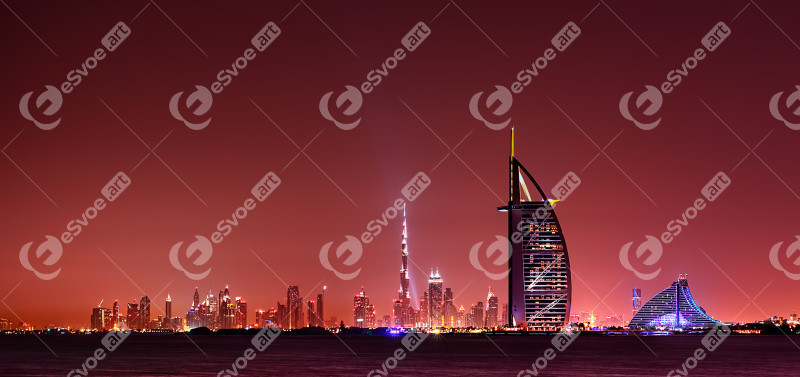 Dubai skyline reflection at night, Dubai, United Arab Emirates