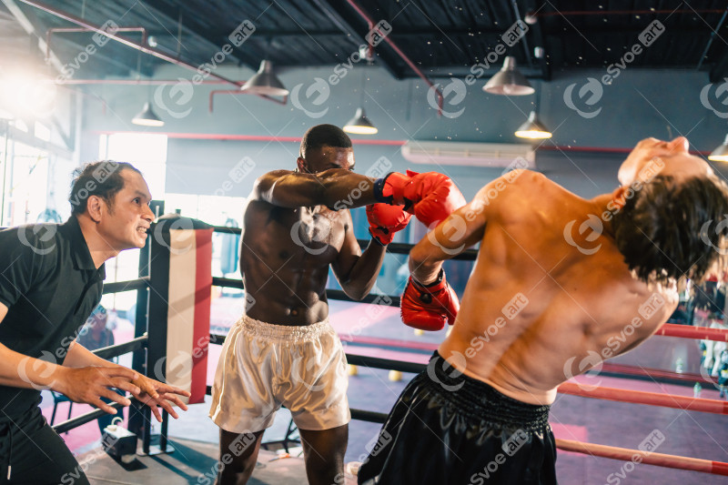 Gym atmosphere, Two professional fighters posing sport boxing ring. Fighting MMA, Thai Boxing match