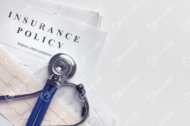 Health insurance form, medical stethoscope and cardiogram chart with copy space on white