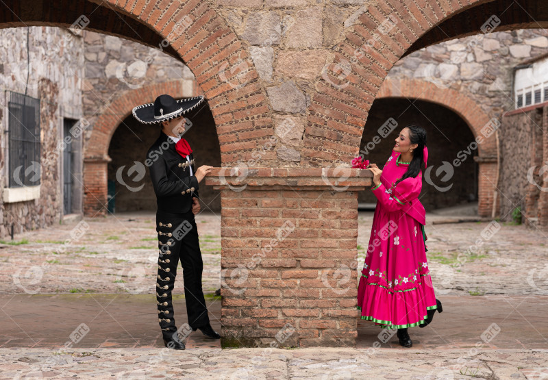 Latin couple of dancers wearing traditional Mexican