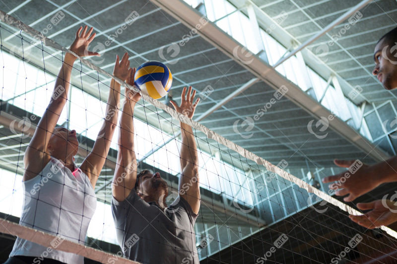 Low angle view of players practicing volleyball