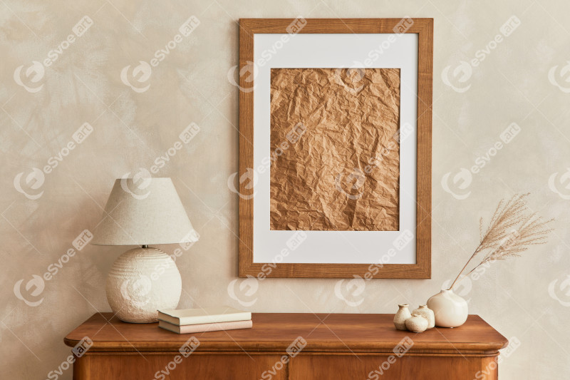 Minimalist composition of living room with brown mock up picture