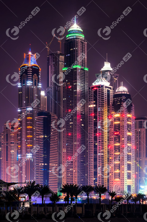 Night dubai marina skyline with tallest buildings. Dubai, United