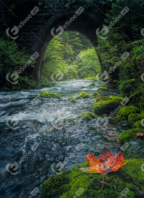 Old stone bridge and flowing river with colorful leaf in foregro