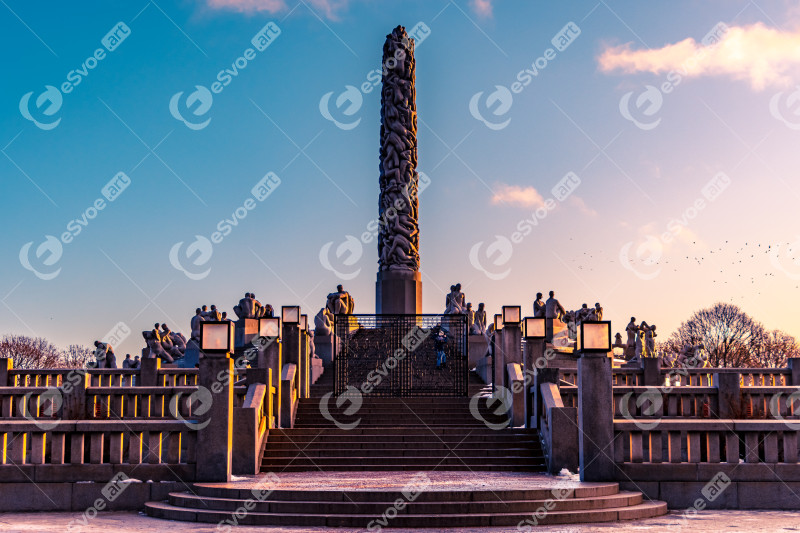 Panoramic view of The Monolitten sculpture in Vigeland Park open air art exhibition, Oslo, Norway