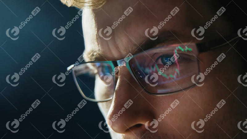 Portrait of trader wearing eyeglasses with reflection cryptocurrency chart