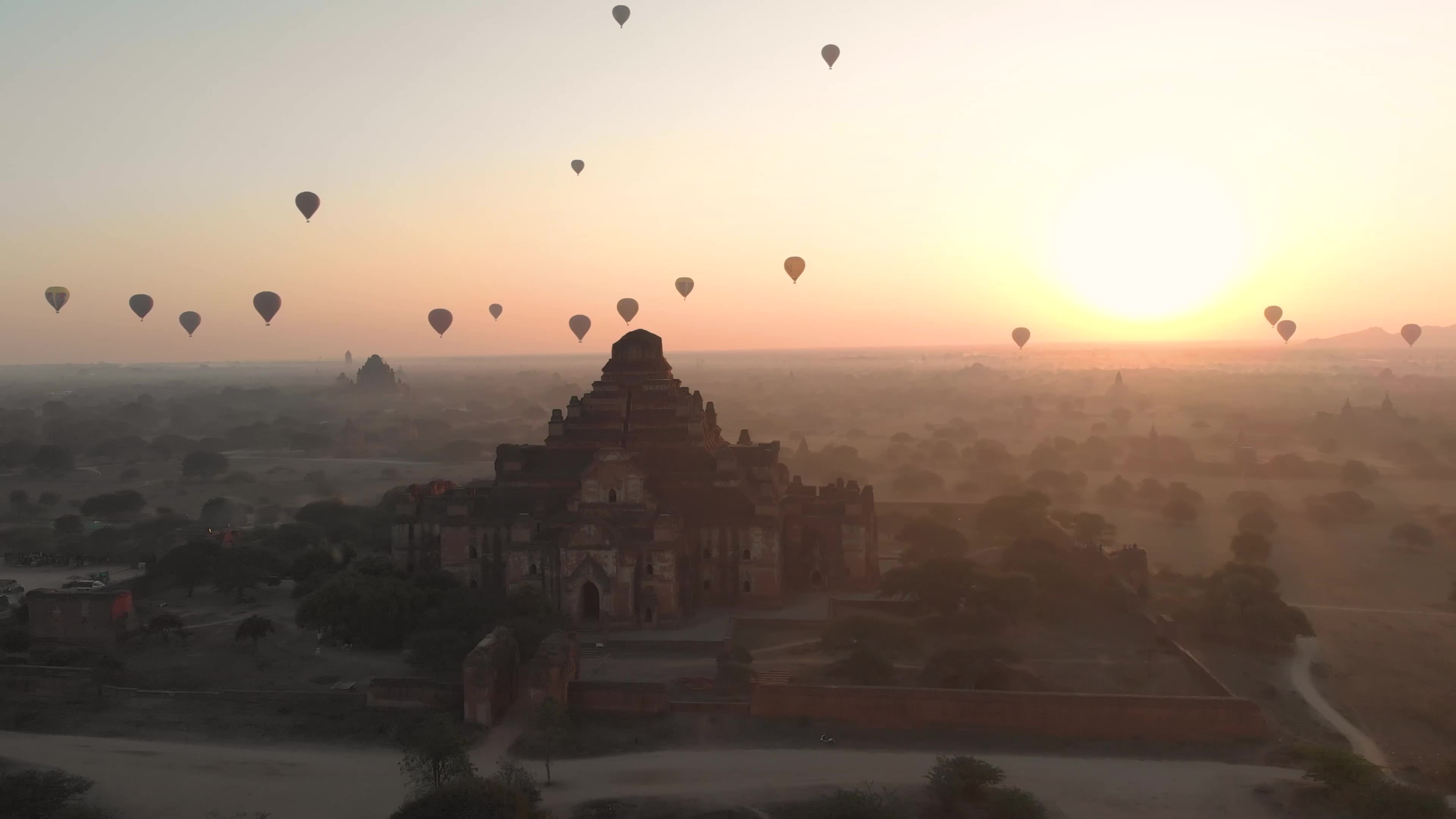 Aerial view of hot balloons in the old bagan templ