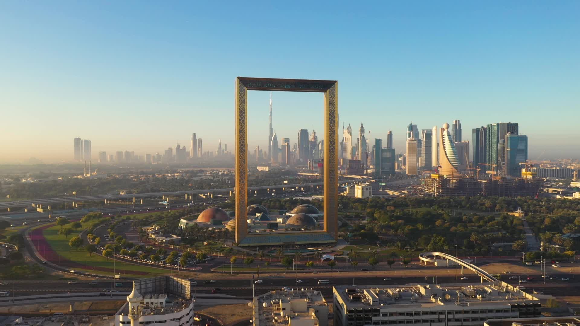 Aerial view of dubai frame landmark during the sun 2023