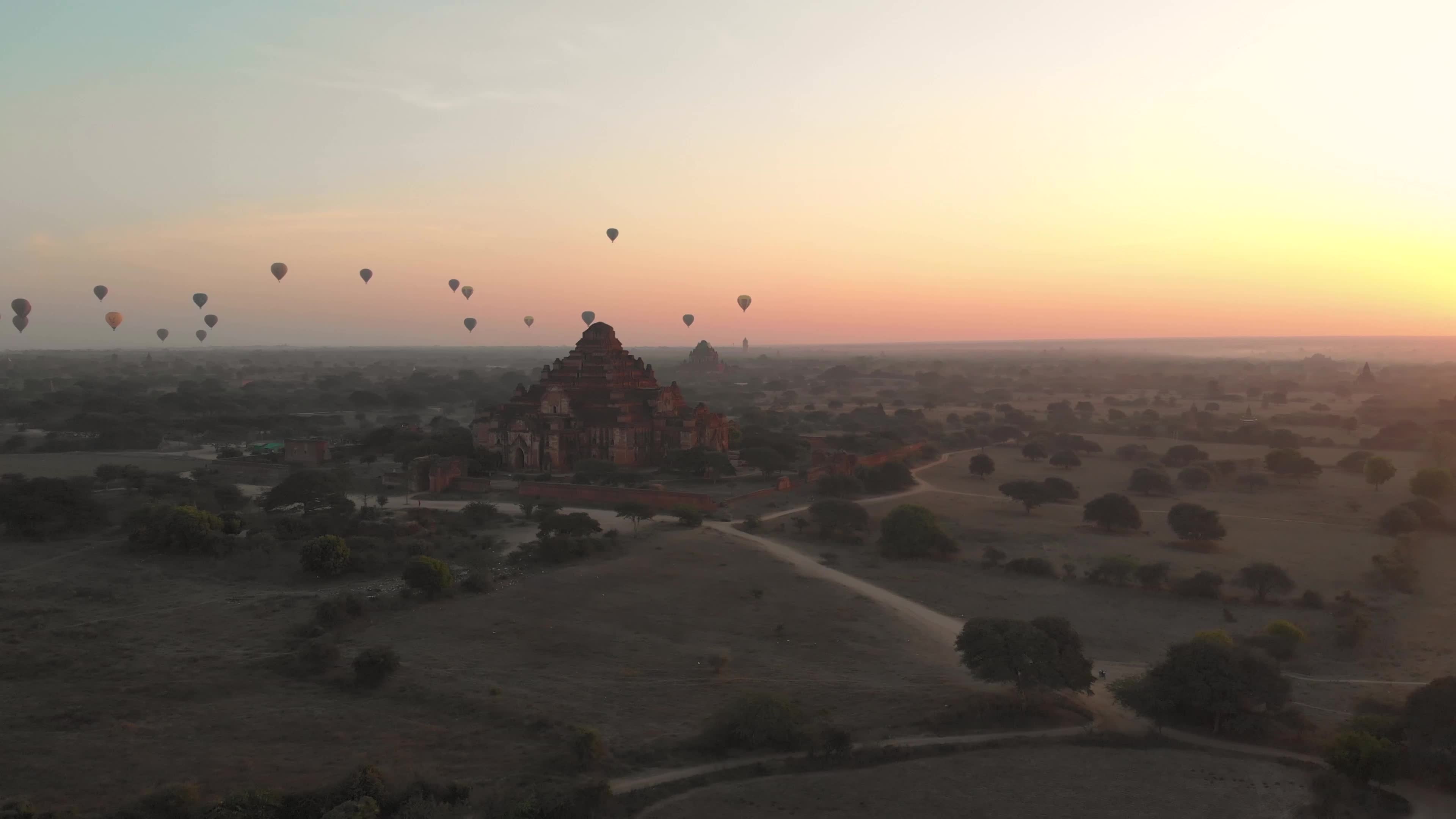 Aerial view of hot balloons in the old bagan templ