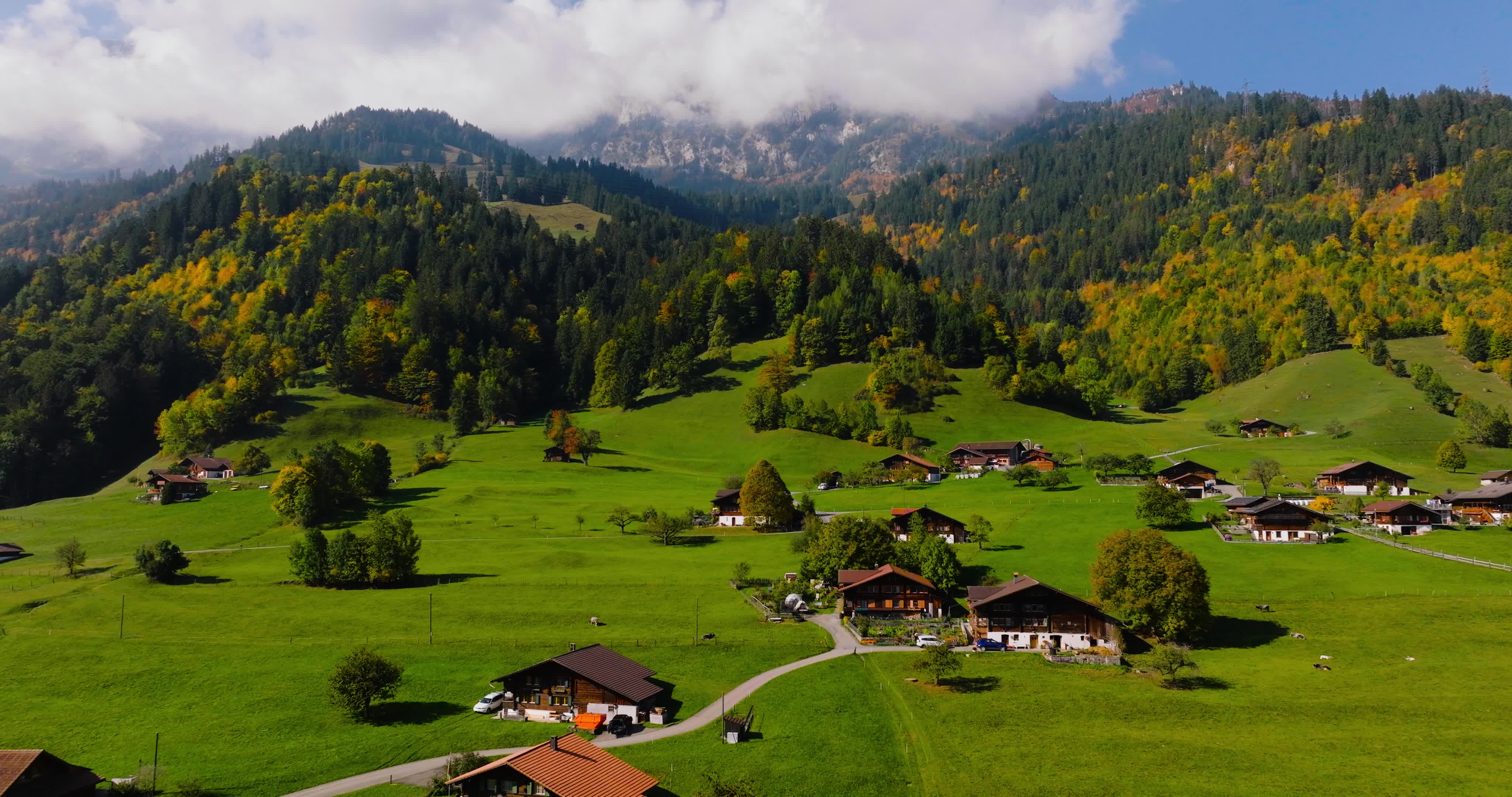 Aerial view of the beautiful swiss nature and vill