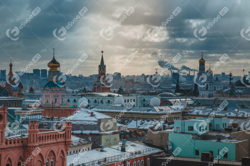 Russia, Moscow cityscape. View from the roof of a house in the Central part of the city.