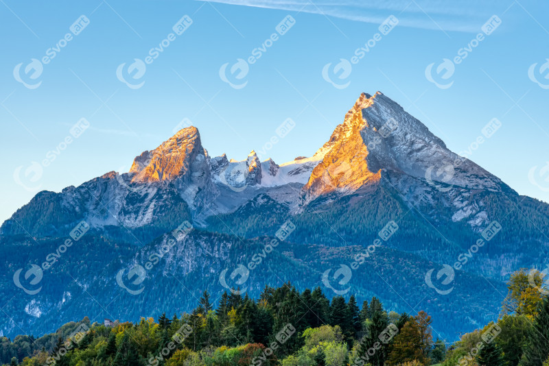 The first sunlight hits the famous mount watzmann