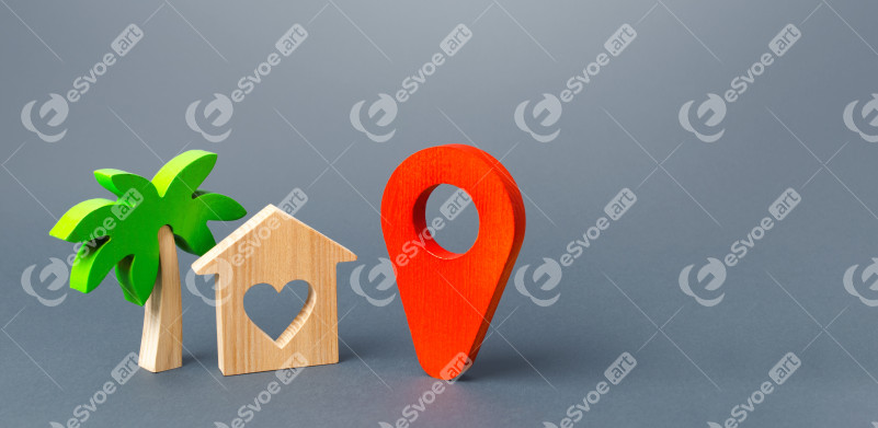 House with a red heart and a red navigation pointer pin. Choosing a place for a romantic trip. A tourist guide in the post-pandemic world. New rules for traveling and staying at popular resorts.